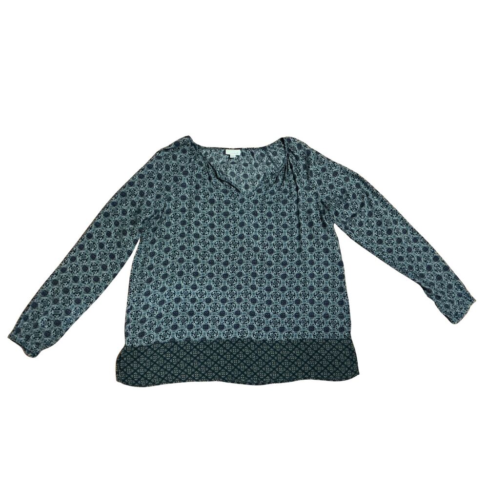 J Jill Womens Top Med Blue Geometric Boho Split Neck Long Sleeve Rayon Blouse
